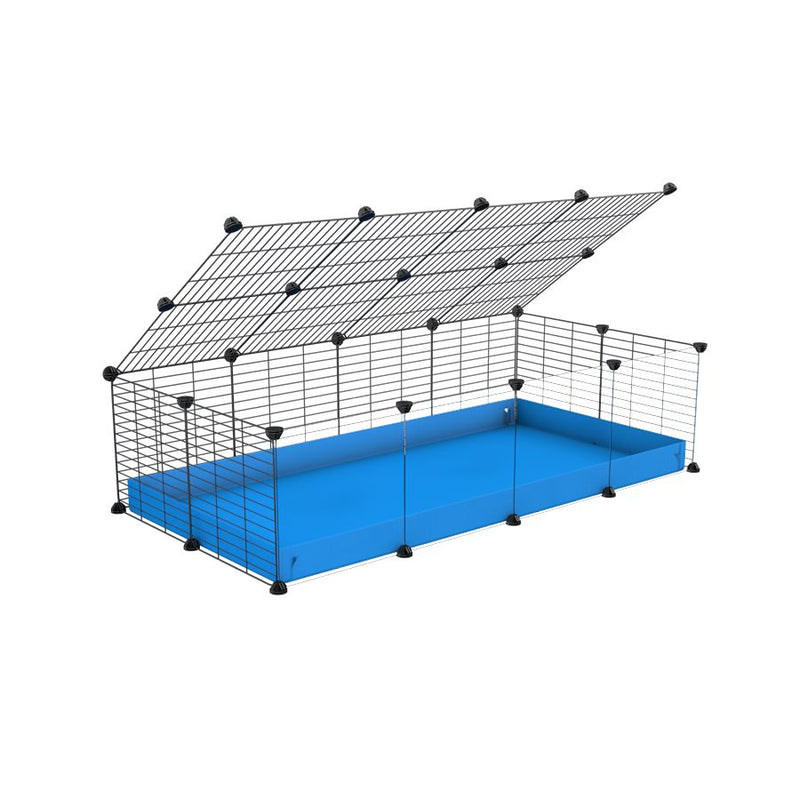 une cavy cage 4x2 pour cochons d'inde avec panneaux transparents en plexiglass avec couvercle coroplast bleu et grilles avec barreaux etroits de kavee