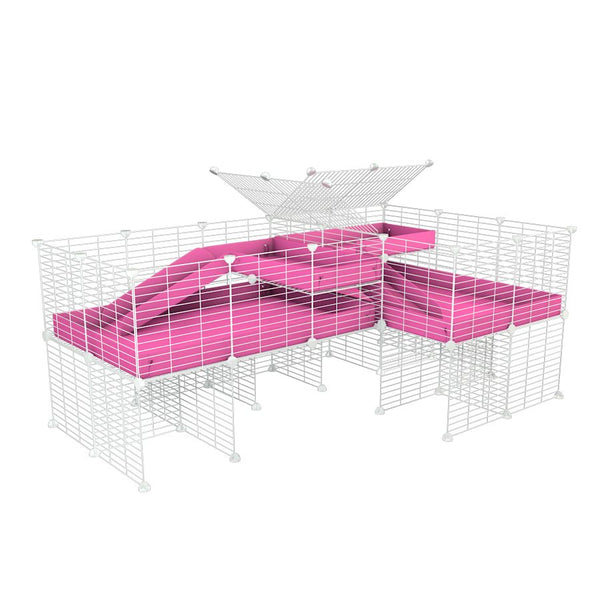 une cavy cage blanche 6x2 en L avec stand et loft avec separation pour cochons d'inde qui se battent ou en quarantaine avec coroplast rose kavee