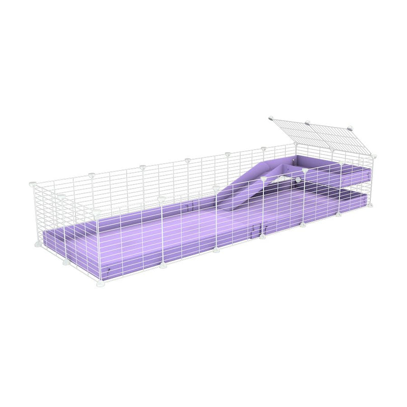 une cavy cage 6x2 pour cochons d'inde avec une rampe un loft un coroplast violet lilas et grilles blanches sans danger kavee