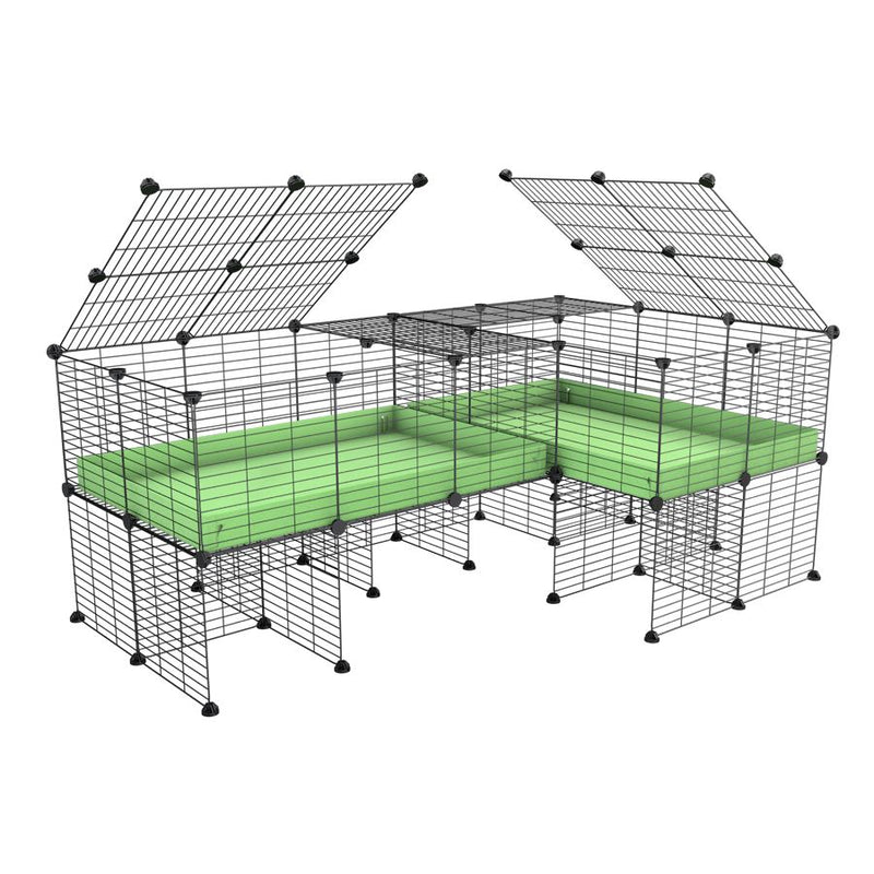 une cavy cage 6x2 en L avec stand avec couvercle et separation pour cochons d'inde qui se battent ou en quarantaine avec coroplast vert kavee