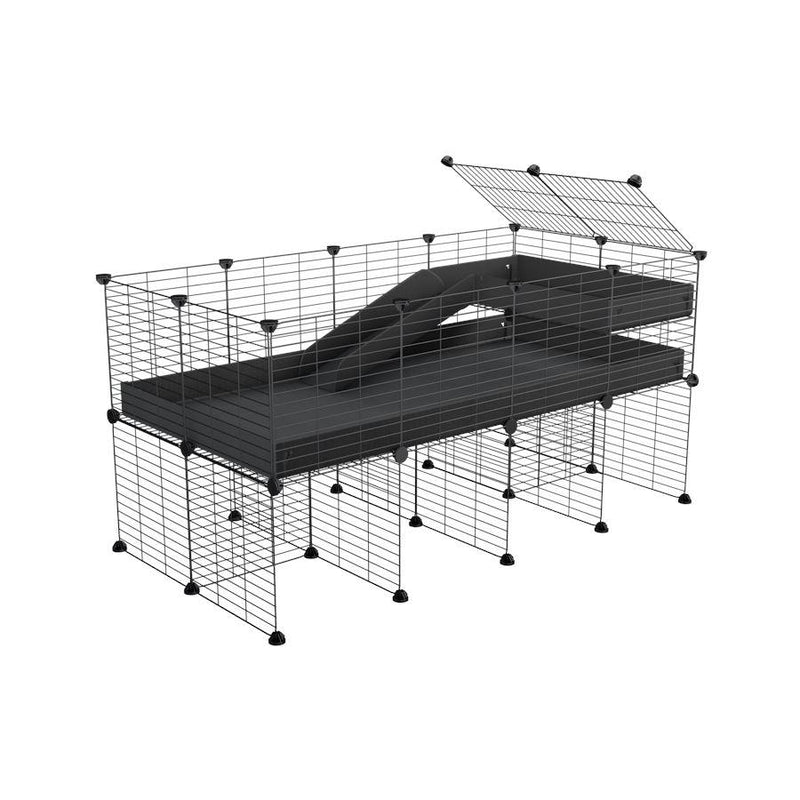 une kavee cage 4x2 pour cochons d'inde avec rehausseur loft rampe coroplast noir et grilles fines petits trous
