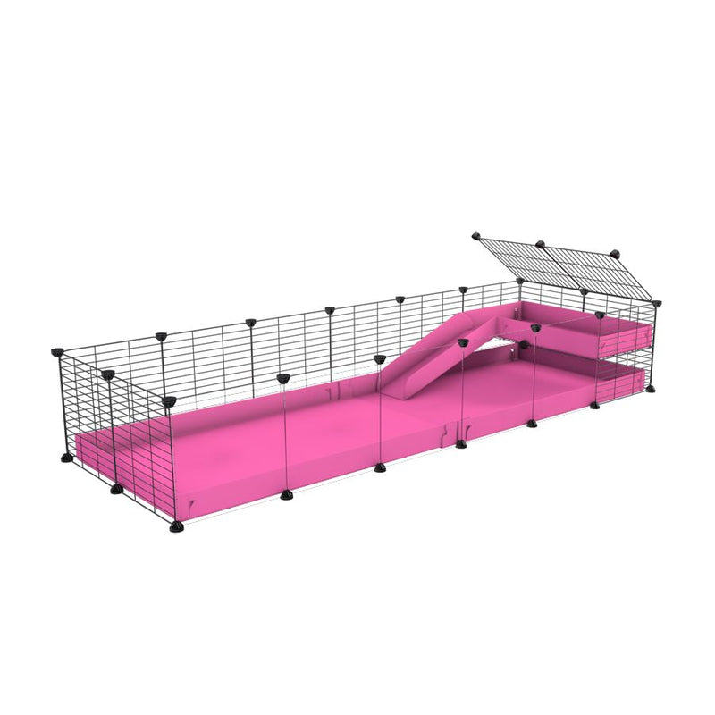 une kavee cage 6x2  avec panneaux transparents en plexiglass pour cochons d'inde avec une rampe un loft un coroplast rose et grilles fines sans danger