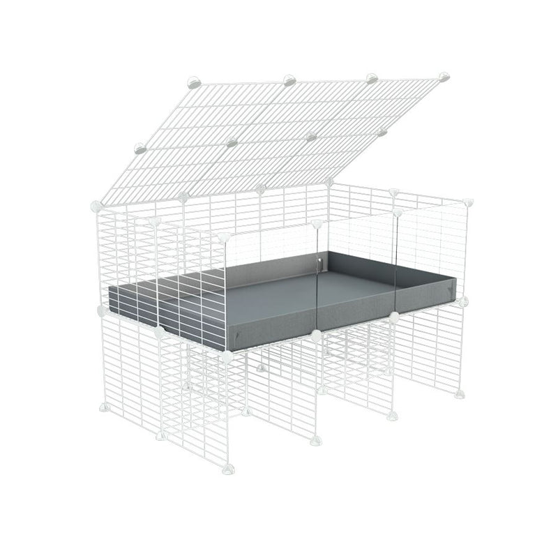 une cavy cage 3x2 avec panneaux transparents en plexiglass  pour cochons d'inde avec rehausseur couvercle correx gris et grilles blanches fines de kavee france