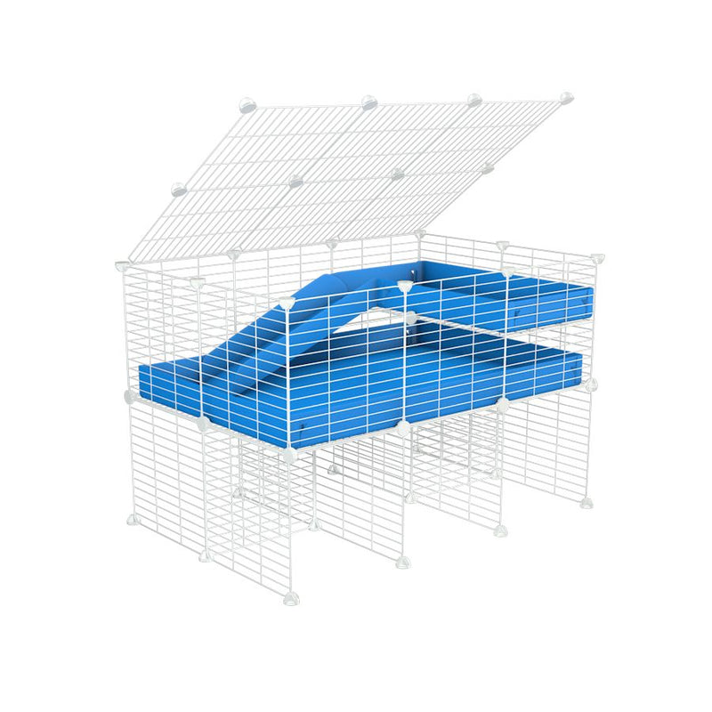 une kavee cage 3x2 pour cochons d'inde avec rehausseur couvercle loft rampe coroplast bleu et grilles blanches fines