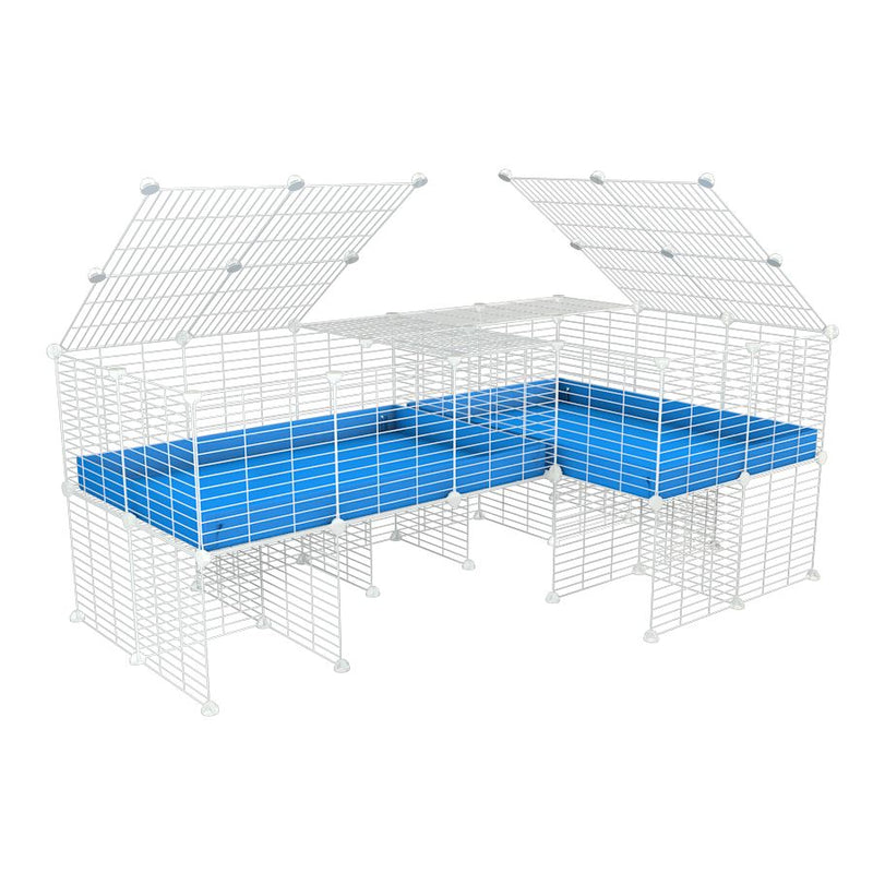 une cavy cage blanche 6x2 en L avec stand avec couvercle et separation pour cochons d'inde qui se battent ou en quarantaine avec coroplast bleu kavee
