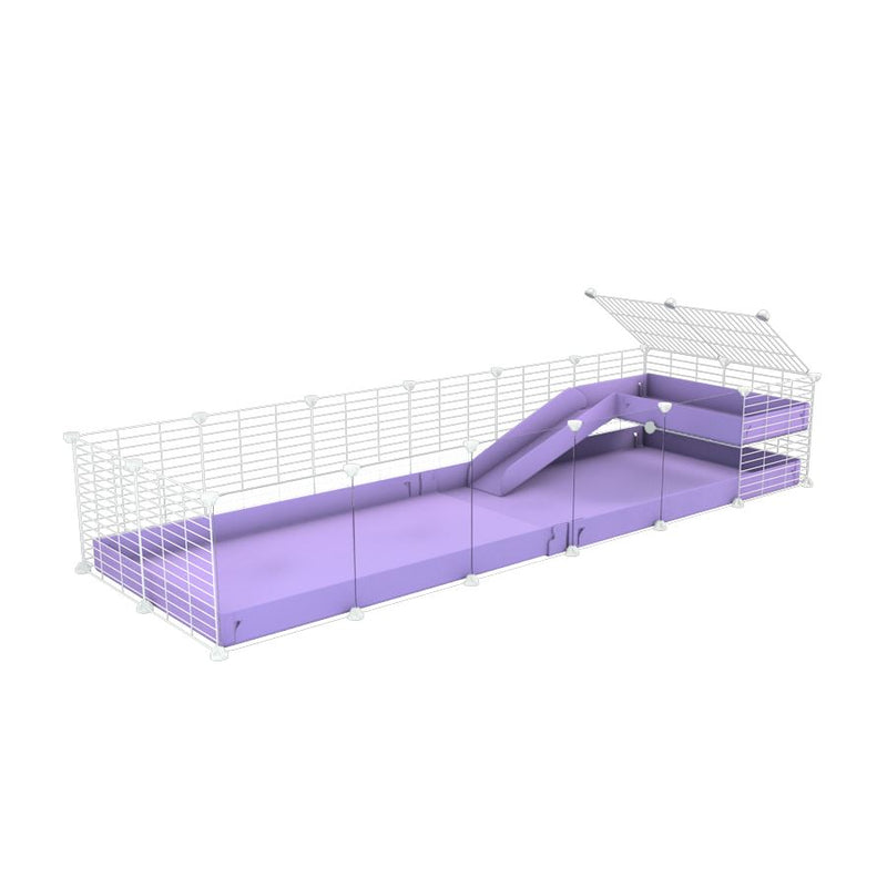 une cavy cage 6x2 avec panneaux transparents en plexiglass  pour cochons d'inde avec une rampe un loft un coroplast violet lilas et grilles blanches sans danger kavee
