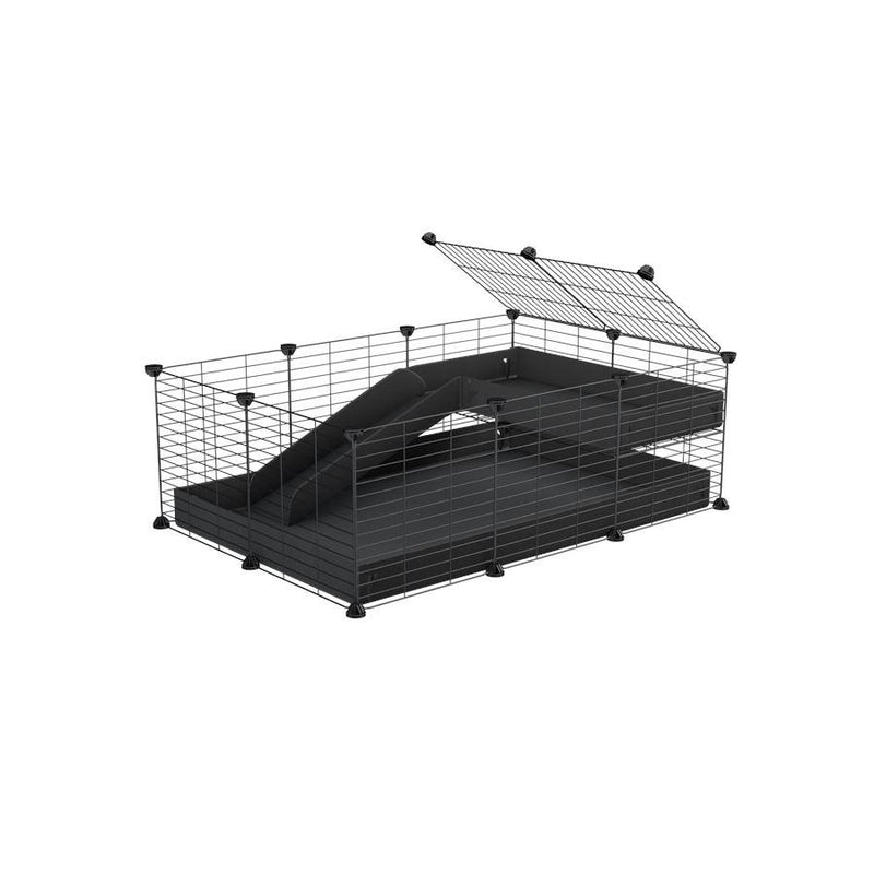 une cavy cage 3x2 pour cochons d'inde avec une rampe un loft un coroplast noir et grilles fines de kavee france