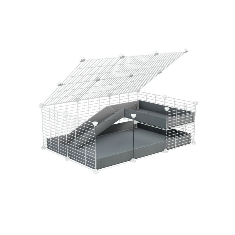 une kavee cage 3x2 pour cochons d'inde avec panneaux transparents en plexiglass avec une rampe un loft un toit un coroplast gris et grilles blanches ok pour bebes