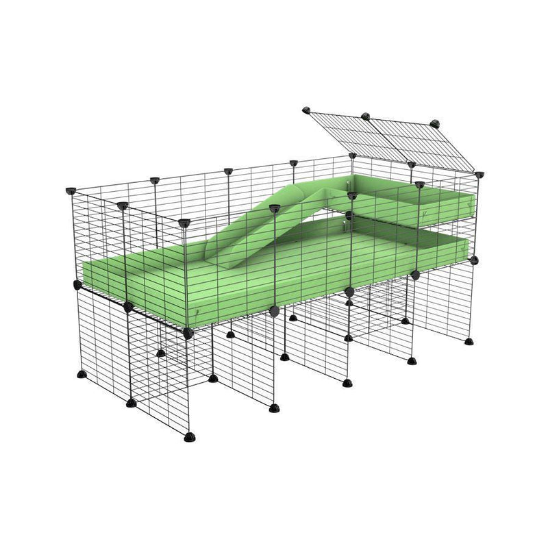 une cavy cage 4x2 pour cochons d'inde avec rehausseur loft rampe coroplast vert pistache et grilles a petits trous