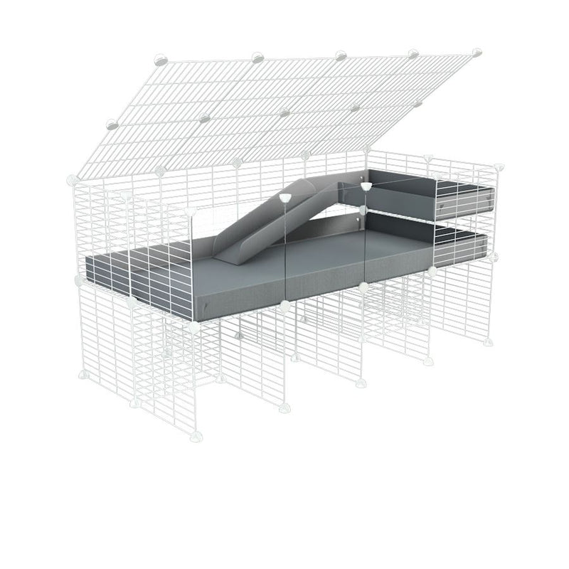 une cavy cage 4x2 avec panneaux transparents en plexiglass  pour cochons d'inde avec rehausseur couvercle loft rampe coroplast gris et grilles blanches kavee france