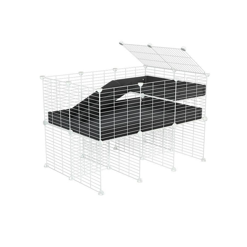 une kavee cage 3x2 pour cochons d'inde avec rehausseur loft rampe coroplast noir et grilles blanches a petits trous