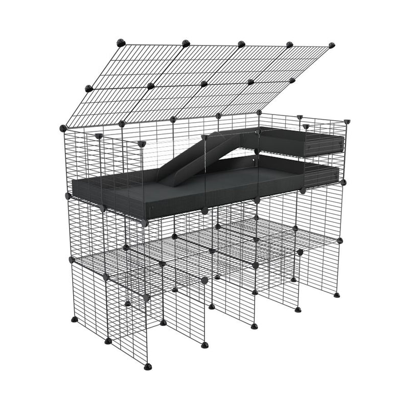 une cavy cage 4x2 pour cochons d'inde avec panneaux transparents en plexiglass avec double rehausseur couvercle loft rampe coroplast noir et grilles fines de kavee