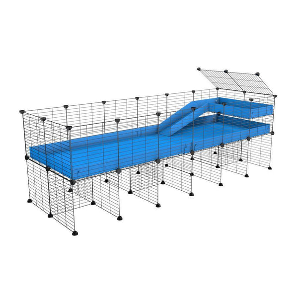 une kavee cage 6x2 pour cochons d'inde avec rehausseur loft rampe coroplast bleu et grilles fines petits trous