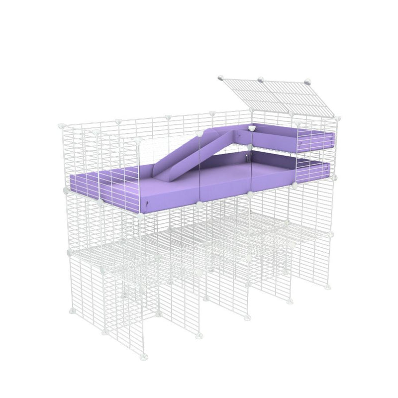 une cavy cage 4x2 pour cochons d'inde  avec panneaux transparents en plexiglass avec double rehausseur loft rampe coroplast violet lilas et grilles blanches fines de kavee