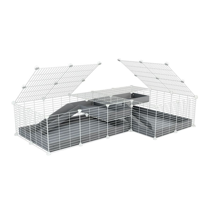une cavy cage blanche 6x2 en L avec loft avec couvercle et separation pour cochons d'inde qui se battent ou en quarantaine avec coroplast gris kavee