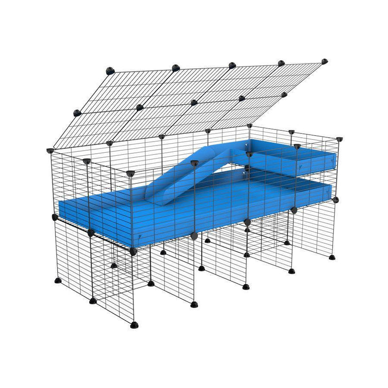 une kavee cage 4x2 pour cochons d'inde avec rehausseur couvercle loft rampe coroplast bleu et grilles fines