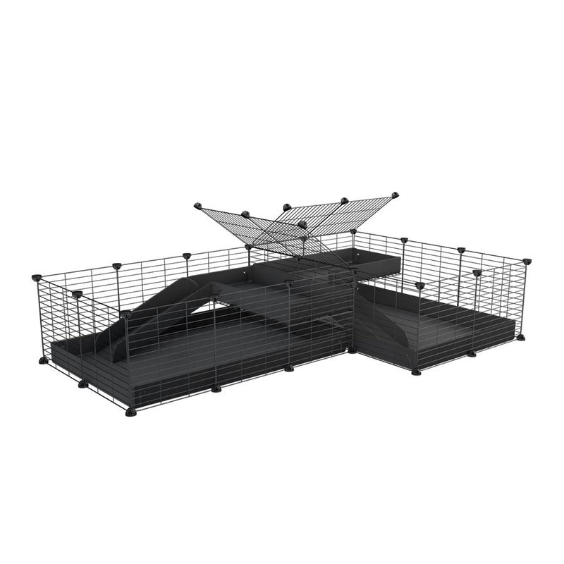 une cavy cage 6x2 en L avec loft avec separation pour cochons d'inde qui se battent ou en quarantaine avec coroplast noir kavee