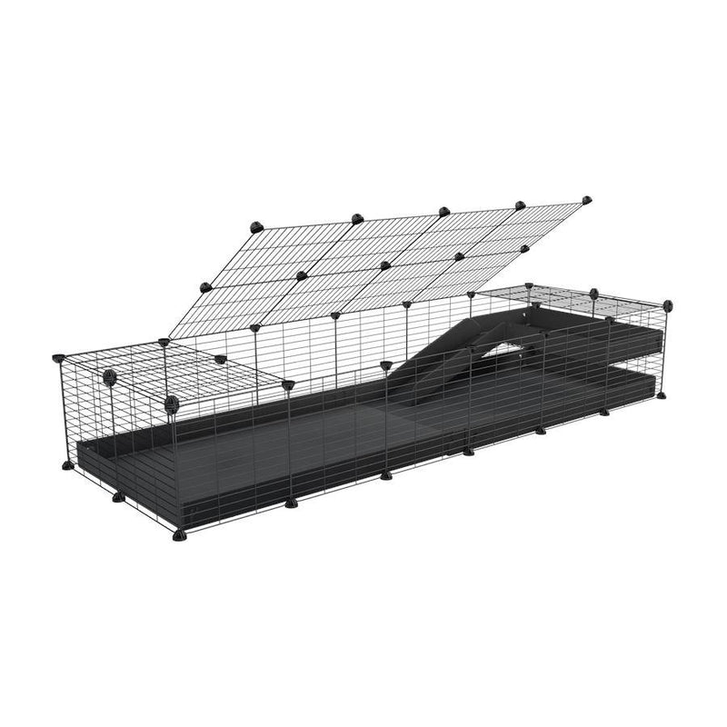 une cavy cage 6x2 pour cochons d'inde avec une rampe un loft un toit un coroplast noir et grilles fines de kavee france