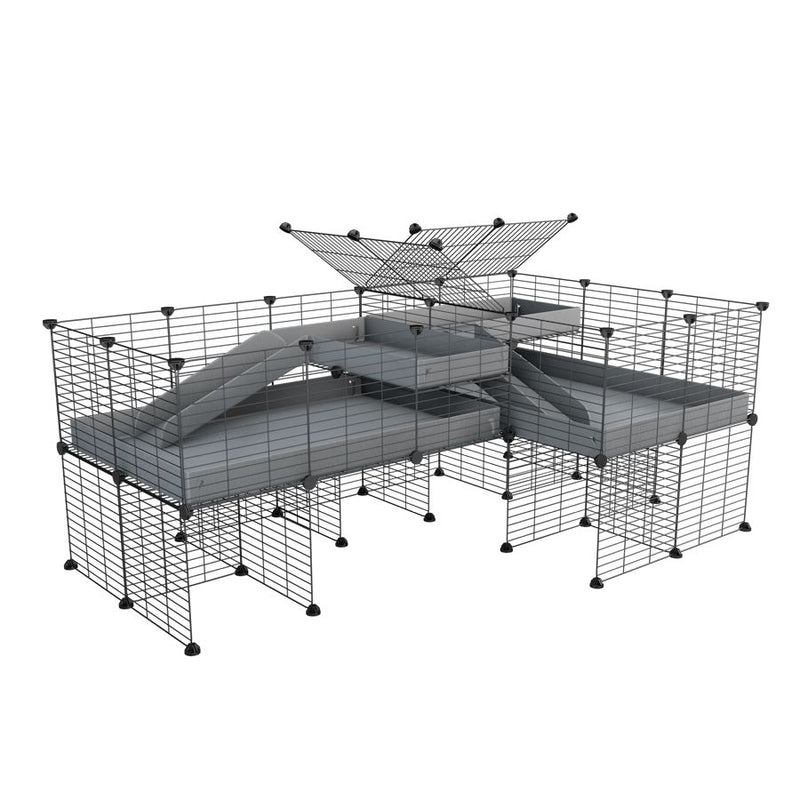 une cavy cage 6x2 en L avec stand et loft avec separation pour cochons d'inde qui se battent ou en quarantaine avec coroplast gris kavee