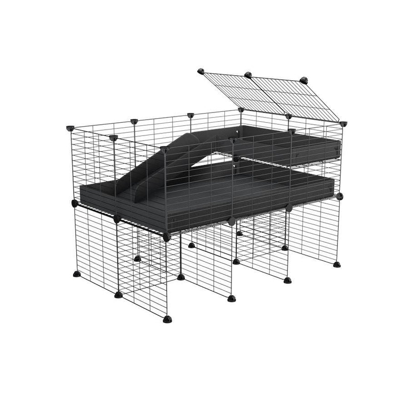 une cavy cage 3x2 pour cochons d'inde avec rehausseur loft rampe coroplast noir et grilles avec petits trous de kavee