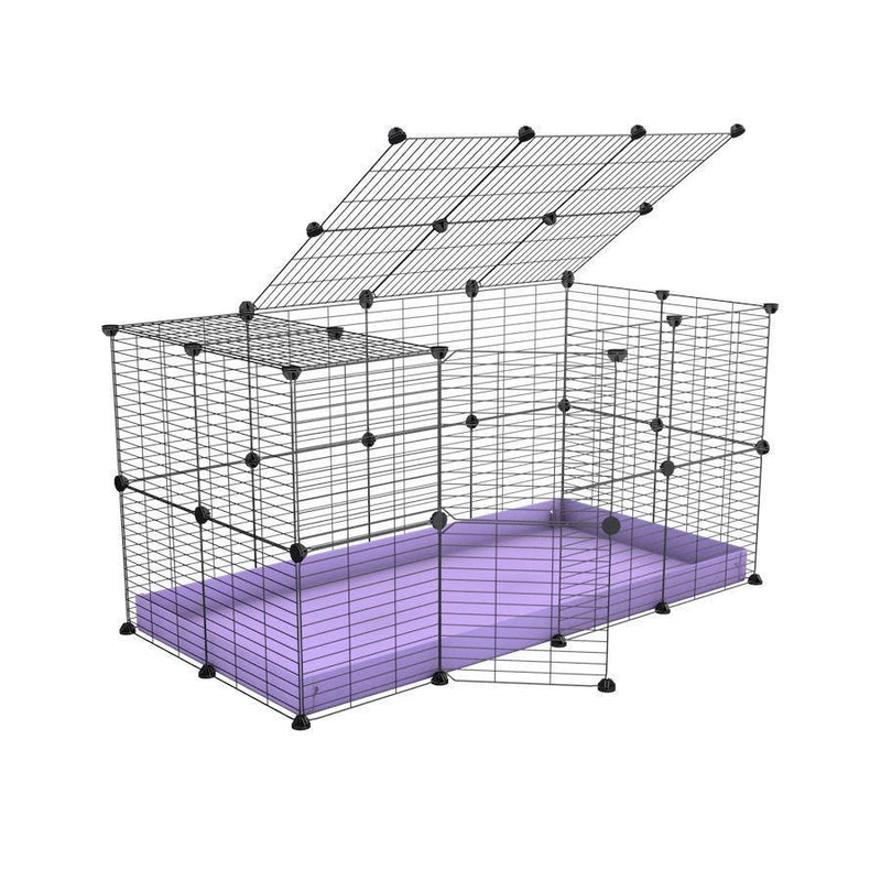 Une cavy cage 4x2 modulaire pour lapins avec un couvercle un coroplast mauve et des grilles a maillage fin par kavee