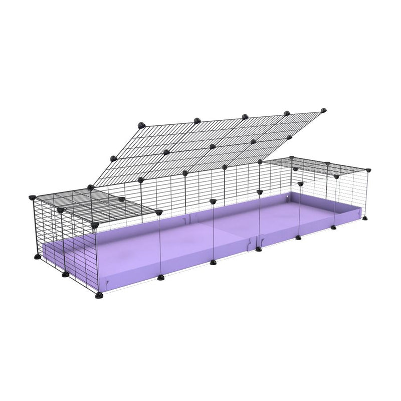 une cavy cage 6x2 pour cochons d'inde avec panneaux transparents en plexiglass avec couvercle coroplast violet lilas et grilles avec barreaux etroits de kavee