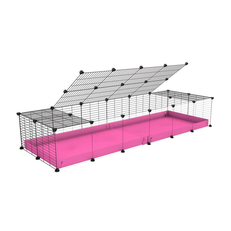une cavy cage 6x2 pour cochons d'inde avec panneaux transparents en plexiglass avec couvercle coroplast rose et grilles avec barreaux etroits de kavee