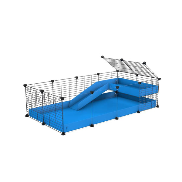 une kavee cage 4x2  avec panneaux transparents en plexiglass pour cochons d'inde avec une rampe un loft un coroplast bleu et grilles fines sans danger