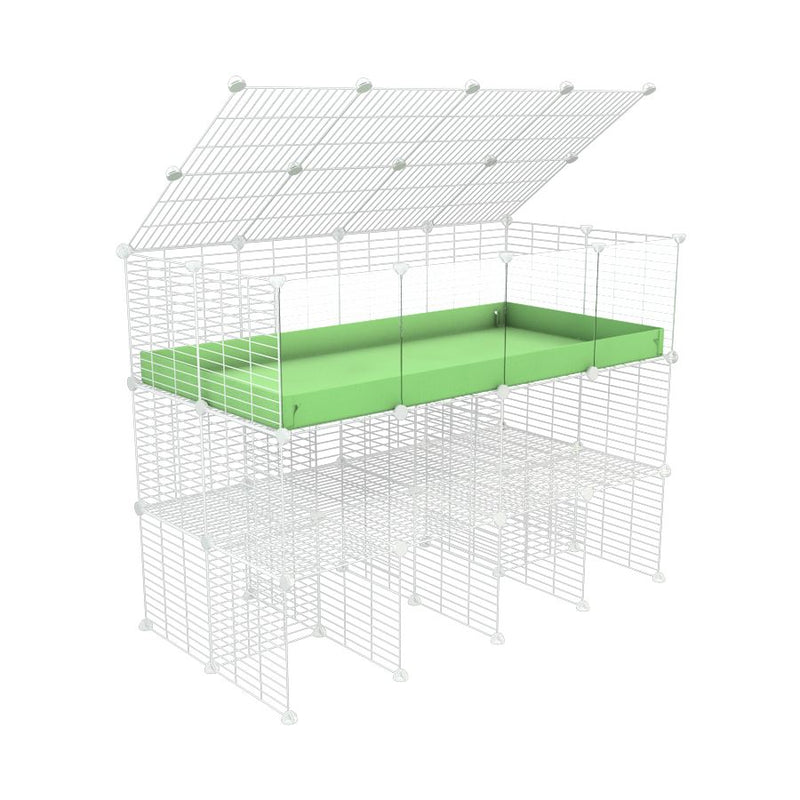 une kavee cage C&C 4x2  avec panneaux transparents en plexiglass pour cobayes cochons d'inde avec double rehausseur correx vert pistache et grilles blanches maillage fin