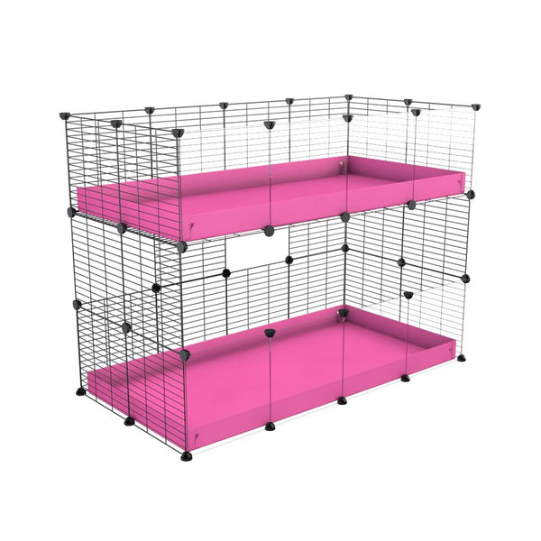 Une kavee cage double deux etages 4x2  avec panneaux transparents en plexiglass pour cochons d'inde avec coroplast rose et grilles sans danger pour bebes