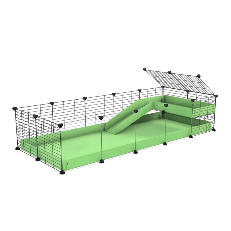 une cavy cage 5x2  avec panneaux transparents en plexiglass pour cochons d'inde avec une rampe un loft un coroplast vert pistache et grilles fines sans danger de kavee