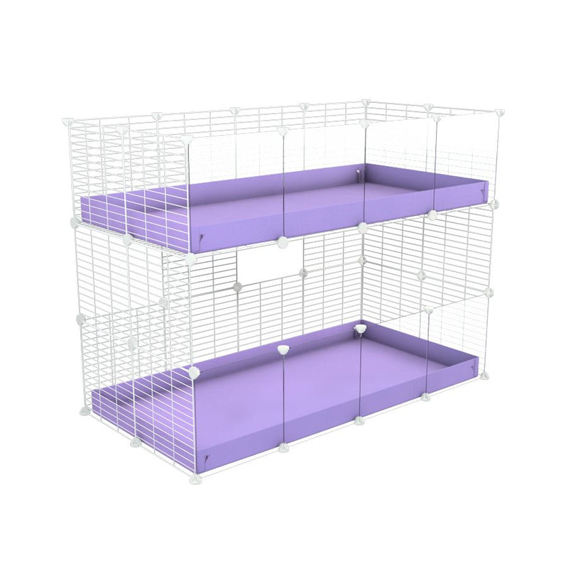 Une kavee cage double deux etages 4x2 avec panneaux transparents en plexiglass  pour cochons d'inde avec coroplast violet et grilles blanches sans danger pour bebes