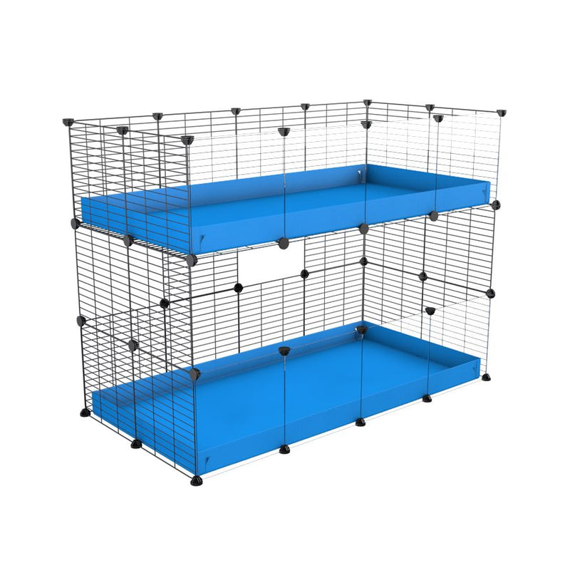 Une kavee cage double deux etages 4x2  avec panneaux transparents en plexiglass pour cochons d'inde avec coroplast bleu et grilles sans danger pour bebes
