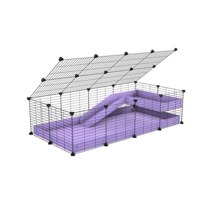 une cavy cage 4x2 pour cochons d'inde avec une rampe un loft un couvercle un coroplast lilas et grilles pour bebes