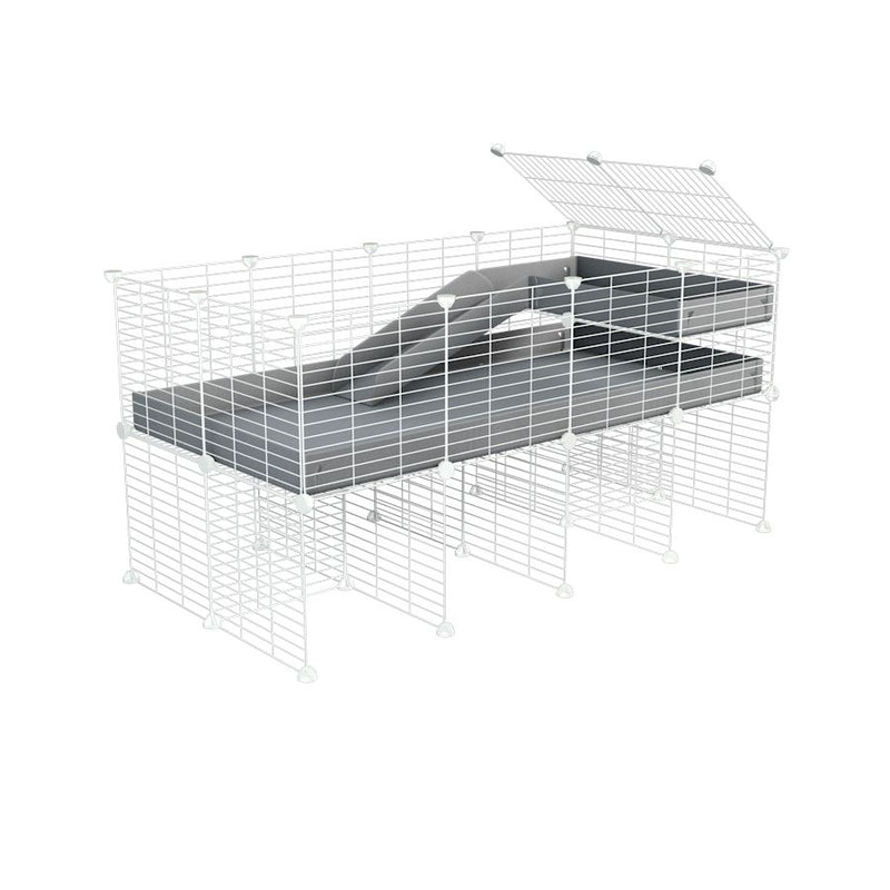 une cavy cage 4x2 pour cochons d'inde avec rehausseur loft rampe coroplast gris et grilles blanches fines de kavee