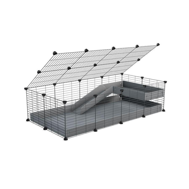 une cavy C&C cage 4x2 pour cochons d'inde avec une rampe un loft un couvercle un coroplast gris et grilles fines pour bebes