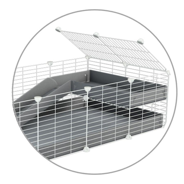 Un kit pour ajouter une rampe et un loft 2x1 a sa cavy cage kavee avec coroplast gris et grilles blanches sans danger