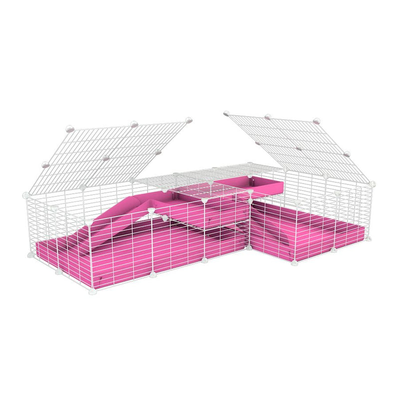 une cavy cage blanche 6x2 en L avec loft avec couvercle et separation pour cochons d'inde qui se battent ou en quarantaine avec coroplast rose kavee
