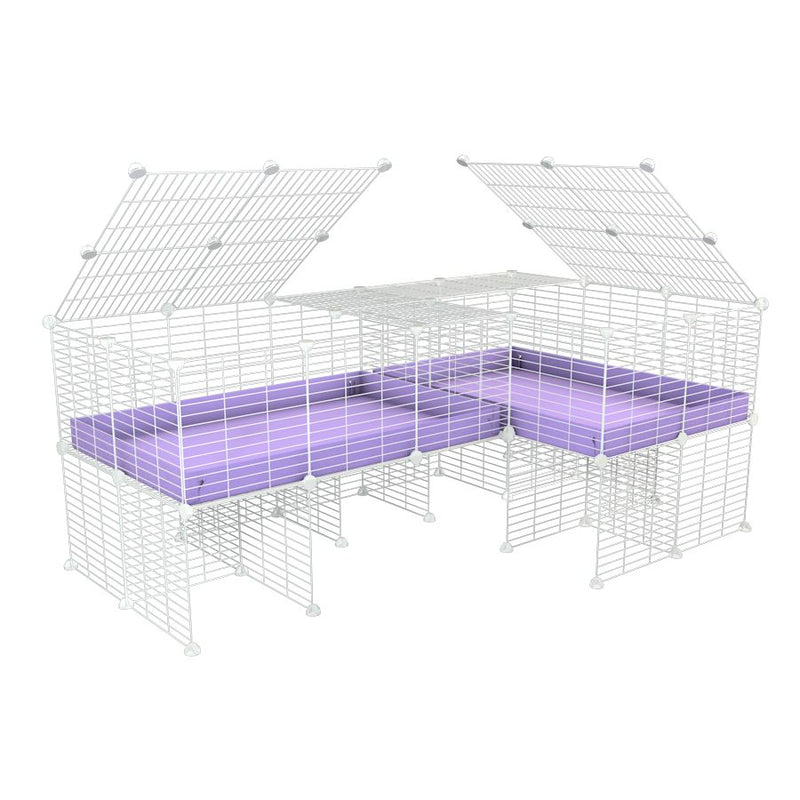 une cavy cage blanche 6x2 en L avec stand avec couvercle et separation pour cochons d'inde qui se battent ou en quarantaine avec coroplast lilas violet kavee