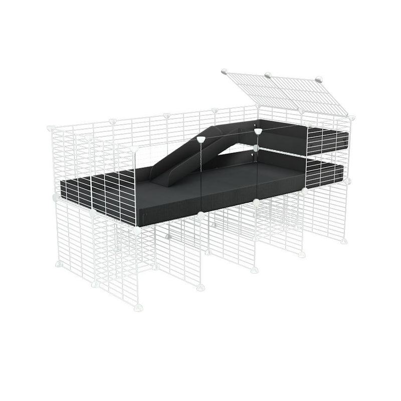 une kavee cage 4x2 avec panneaux transparents en plexiglass  pour cochons d'inde avec rehausseur loft rampe coroplast noir et grilles blanches fines