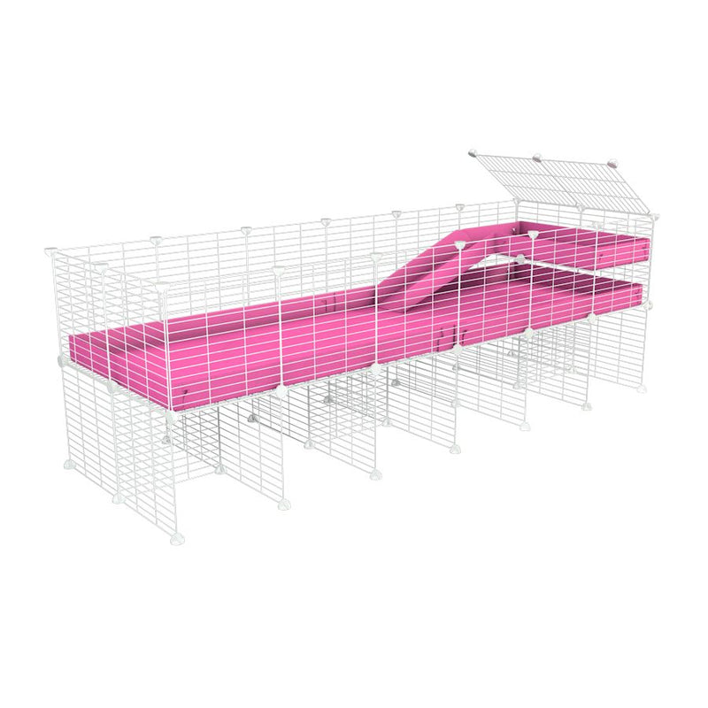 une kavee cage 6x2 pour cochons d'inde avec rehausseur loft rampe coroplast rose et grilles blanches fines petits trous