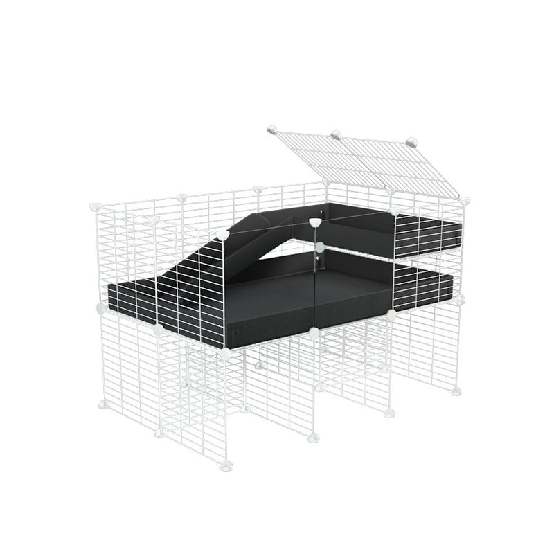 une kavee cage 3x2 avec panneaux transparents en plexiglass  pour cochons d'inde avec rehausseur loft rampe coroplast noir et grilles blanches a petits trous