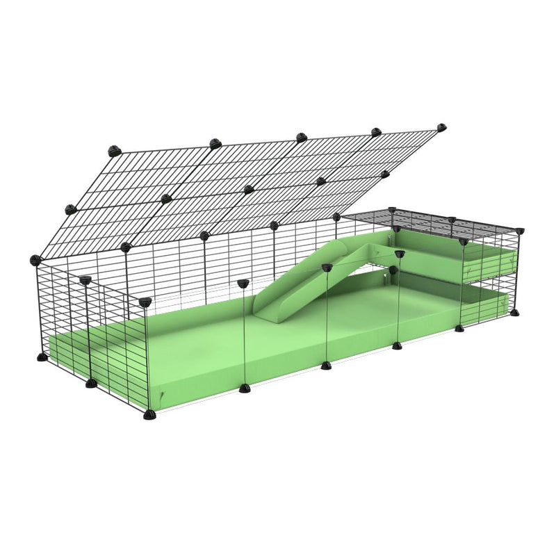 une cavy C&C cage 5x2  avec panneaux transparents en plexiglass pour cochons d'inde avec une rampe un loft un couvercle un coroplast vert pistache et grilles de kavee