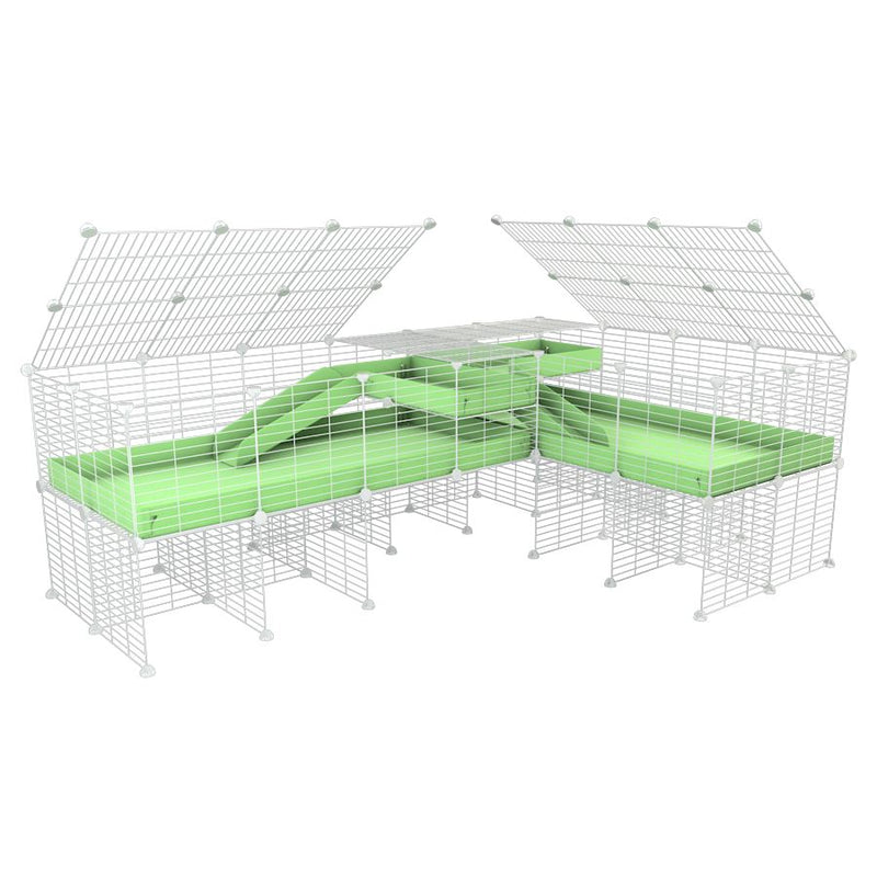 une cavy cage blanche 8x2 de coin avec stand et loft avec couvercle et separation pour cochons d'inde qui se battent ou en quarantaine avec coroplast vert kavee