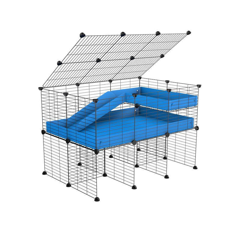 une kavee cage 3x2 pour cochons d'inde avec rehausseur couvercle loft rampe coroplast bleu et grilles fines