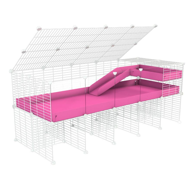 une cavy cage 5x2 avec panneaux transparents en plexiglass  pour cochons d'inde avec rehausseur couvercle loft rampe coroplast rose et grilles blanches de kavee
