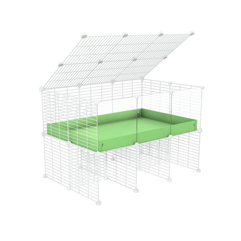 une cavy cage 3x2 avec panneaux transparents en plexiglass  pour cochons d'inde avec rehausseur couvercle correx vert et grilles blanches fines de kavee france