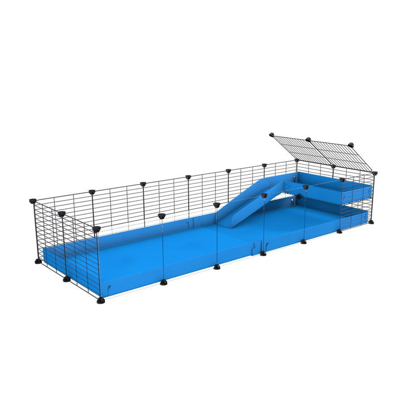 une kavee cage 6x2  avec panneaux transparents en plexiglass pour cochons d'inde avec une rampe un loft un coroplast bleu et grilles fines sans danger