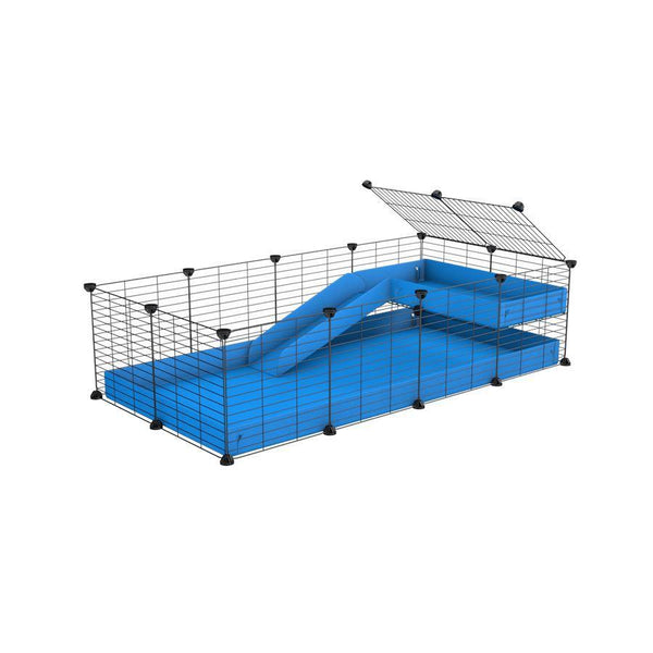 une kavee cage 4x2 pour cochons d'inde avec une rampe un loft un coroplast bleu et grilles fines sans danger