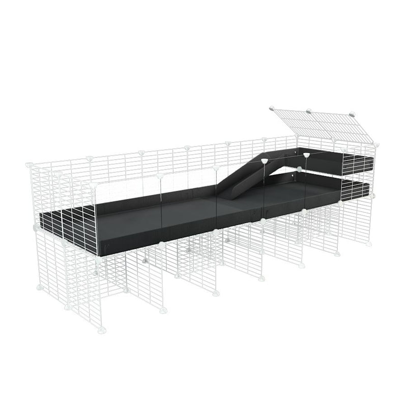 une kavee cage 6x2 avec panneaux transparents en plexiglass  pour cochons d'inde avec rehausseur loft rampe coroplast noir et grilles blanches a petits trous